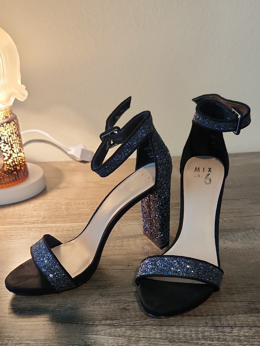 Mix No. 6 Black and Silver Glitter Ankle-Strap Block Heels